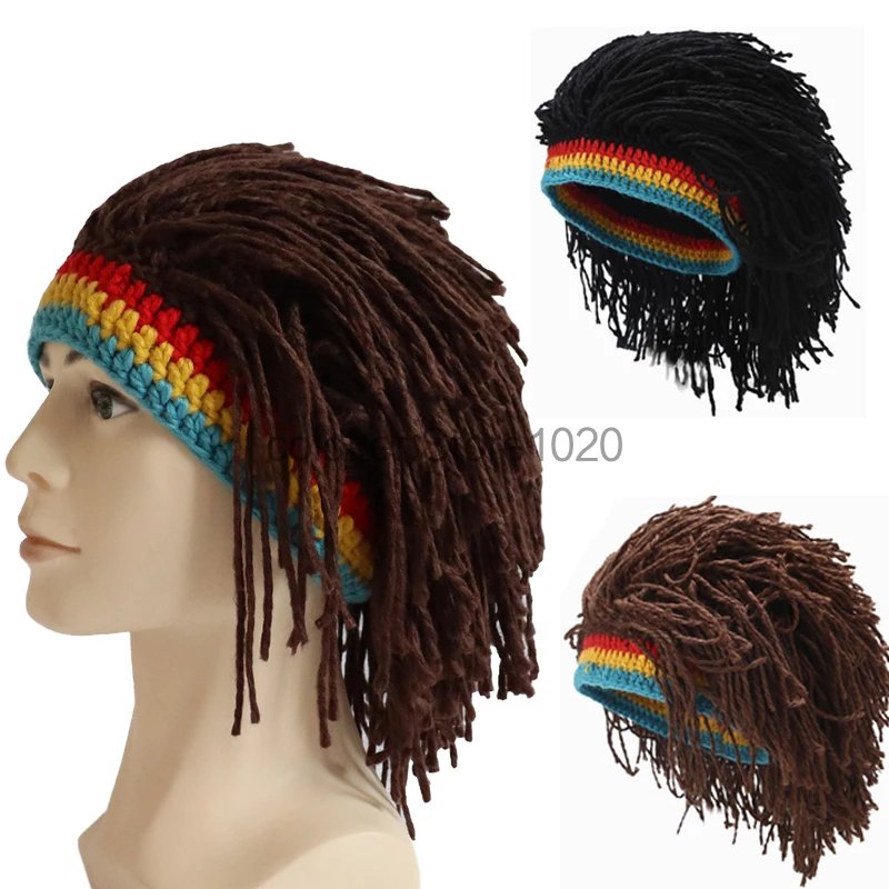 Adult Rasta Wig Beanie for Men Hip Hop Cap Handmade Crochet Winter Warm Hat Halloween Xmas Birthday Party Wig Funny Gifts