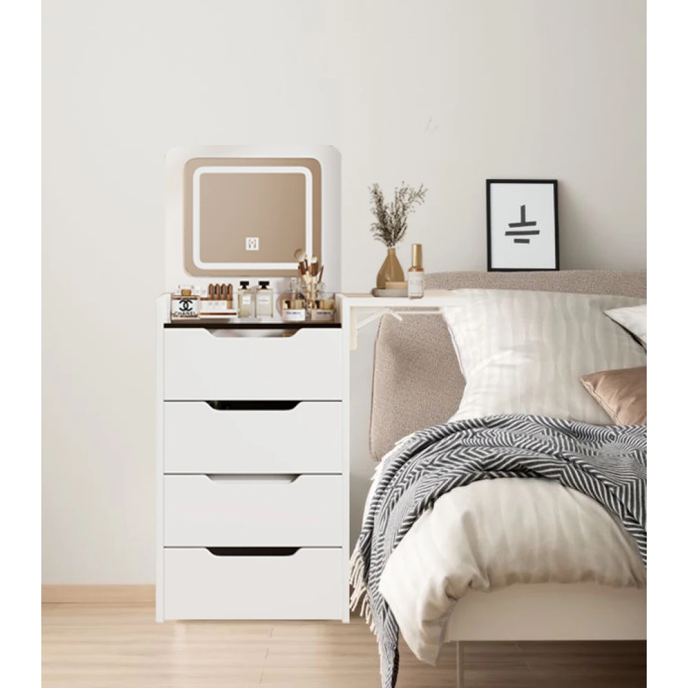 Meja Rias Rias Panel Tersembunyi Stasiun Pengisian Daya Set Rias 3 Laci Lampu Meja Rias Kompak Bangku Tersembunyi