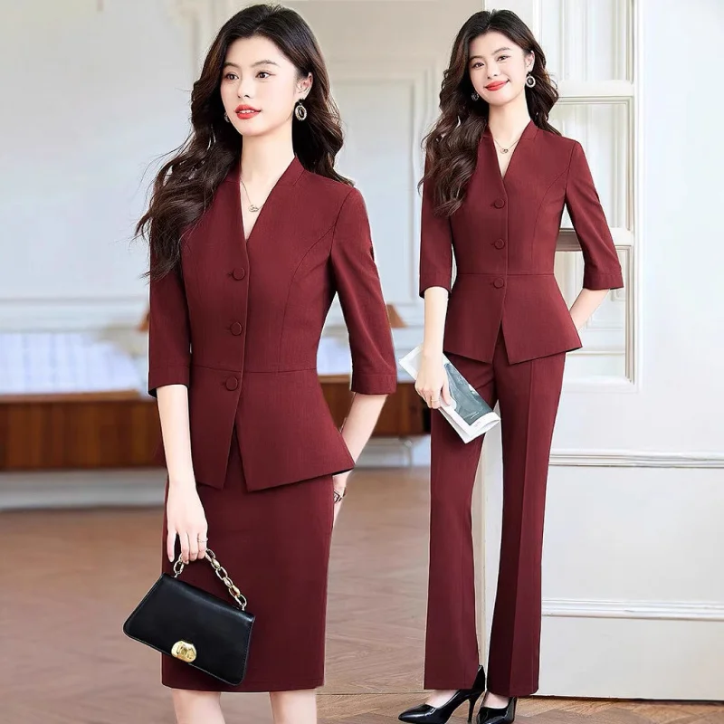 

Женский бордовый пиджак2025Новый профессиональный наряд для стойки регистрации отеля с рукавами три четверти, комплект пригородного костюма с застежкой на талии