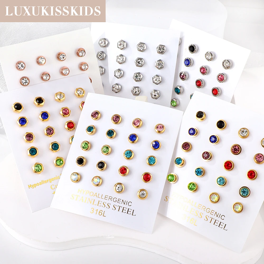 

LUXUKISSKIDS 10Pairs/Lots Multicolored Small Round White Clearly Cubic Zircon Stud Earrings For Women/Men Birth Stone Piercing