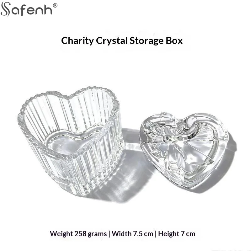 Clear Glass Heart Shaped Jewelry Storage Box Bow Knot Lid Ribbed Texture For Vanity Table Storing Earrings Rings