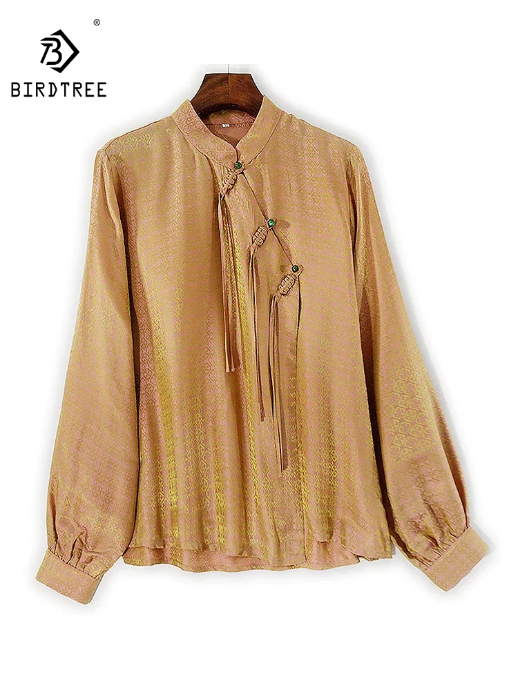 

BirdTree-Silk Elegant Shirt, Stand Long Sleeve Tassel Jacquard, Women Retro Commute Chic Loose Blouse, 2025 Autumn New T5N132CC
