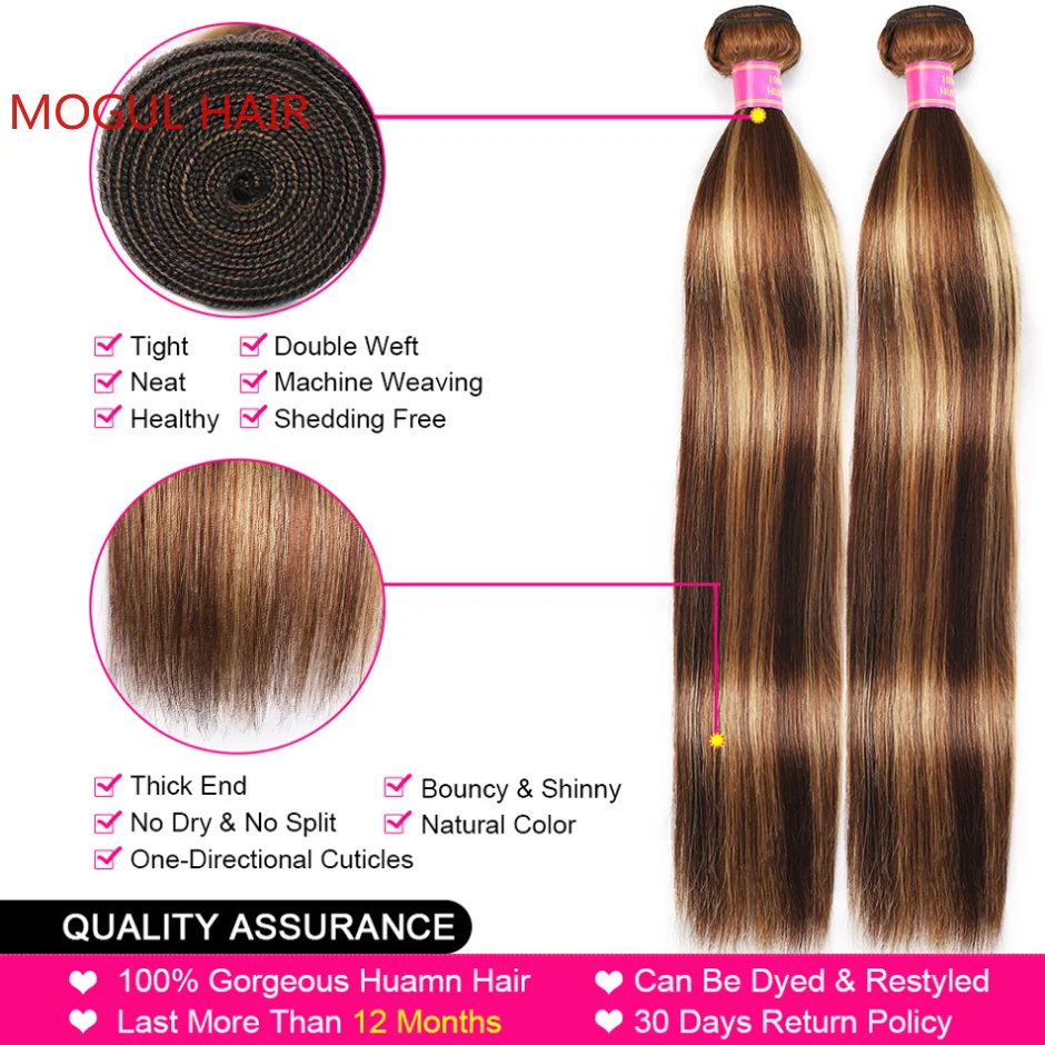 1PC Gerade Highlight Menschliches Haar Weave Bundles Braun Blonde Mix Farbe Spitze Verschluss Frontal Transparent Kostenloser Teil MOGUL HAAR