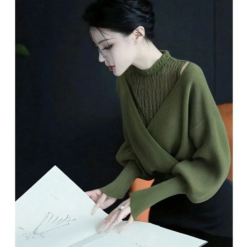 New Half-high Collar Stacking Sleeves Pullover Off Shoulder Patchwork Lace Mujer Japan Sweet Loose All-match Knit Tops