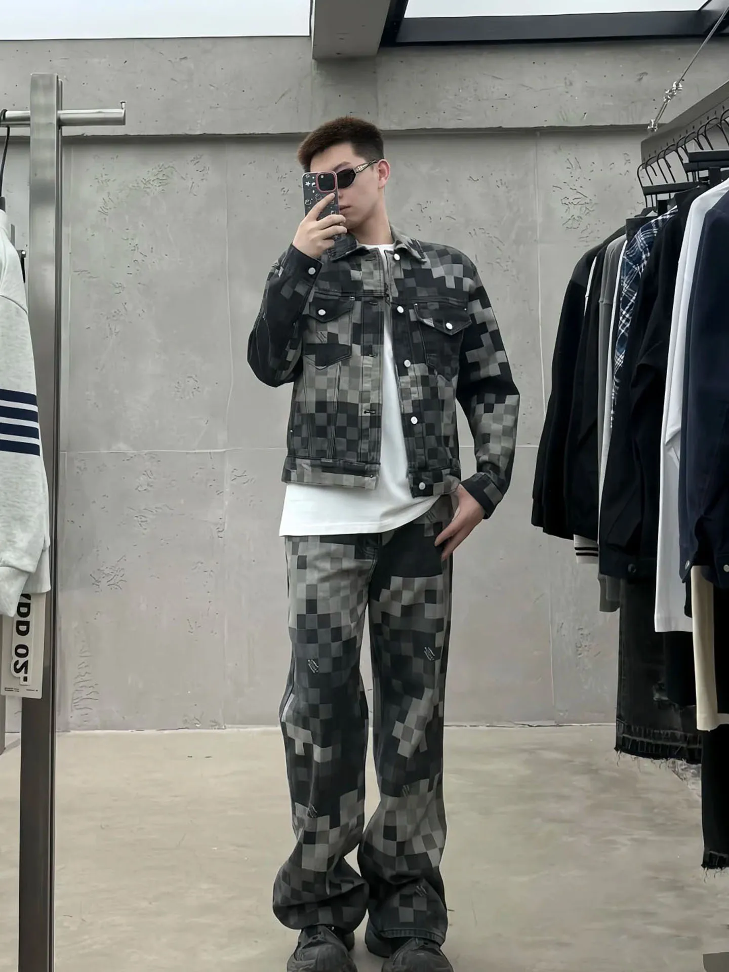 

Trendy Plaid Embroidery Set Casual Loose Fit Denim Jaet Coat for Men And Women Straight Leg Pants Autumn Faion Outerwear