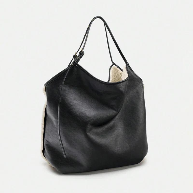 

Женская плюшевая сумка через плечо, брендовая, двусторонняя, модная сумка для покупок, вместительная сумка-ведро с маленьким кошельком