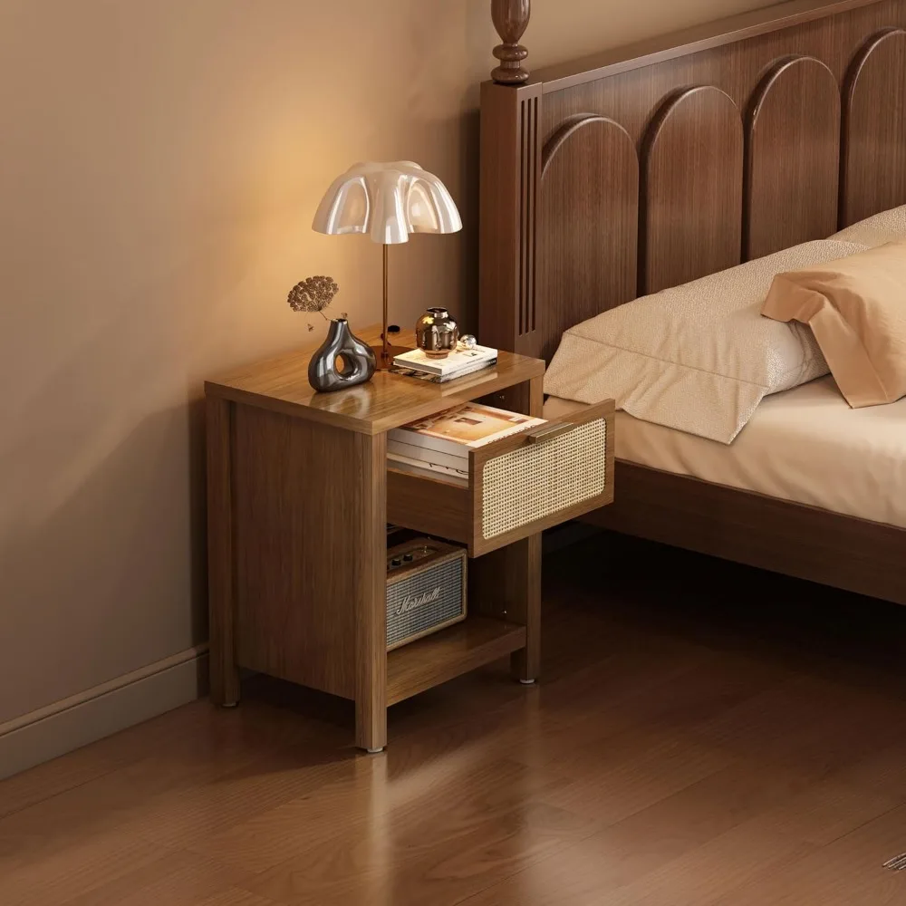 منضدة الروطان الحديثة لمنتصف القرن مع درج وتخزين، طاولة بجانب السرير خشبية كبيرة على طراز بوهو #4
