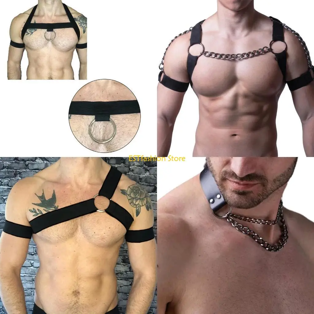 

Y5GC Men Chest Harness Body Chain Strap Elastic Chest Strap Leathers Punk Chain Choker Nightclub Cosplay Costume Accessories