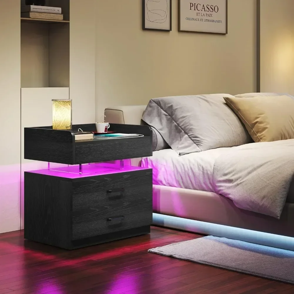 Wooden LED Nightstand With Voice-Activated Mode, Acrylic Float Nightstand With Charging Station, End Table With 2 Drawers
