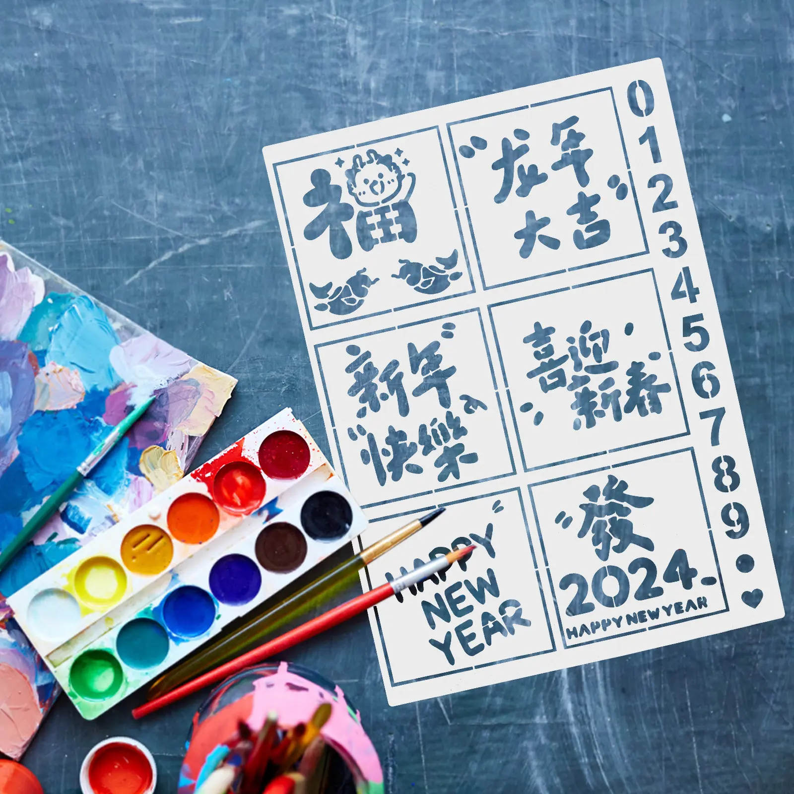 New Year Stencil Template Reusable Pet Craft Painting Drawing Mold for DIY Home Office Decoration Creative Artistic Projects