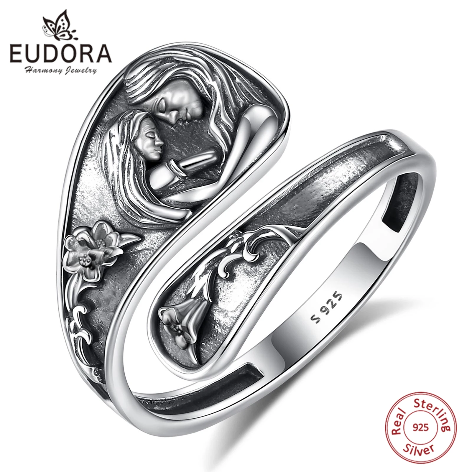 

Винтажное регулируемое кольцо Eudora из стерлингового серебра 925 пробы для мамы и дочки, с цветком, открытое, винтажное ювелирное украшение, подарок для женщин