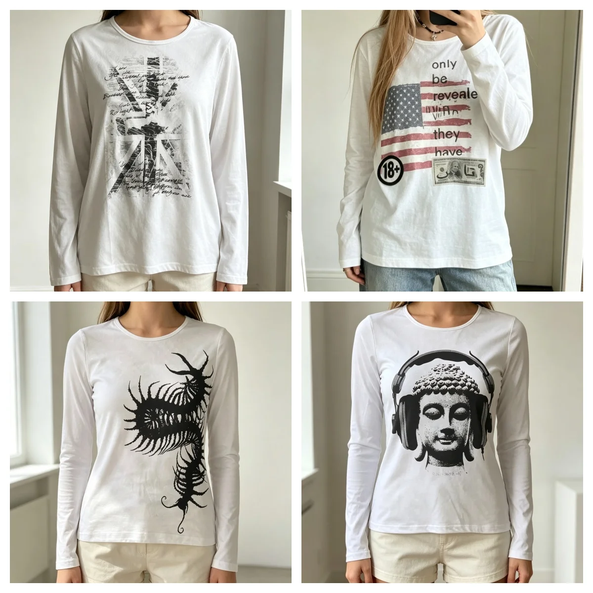 Casual Round Neck Long Sleeve T Shirt White Basic Tops Retro Art Print Centipede Buddha Headset Flag Dollar Letter Graphic Tees