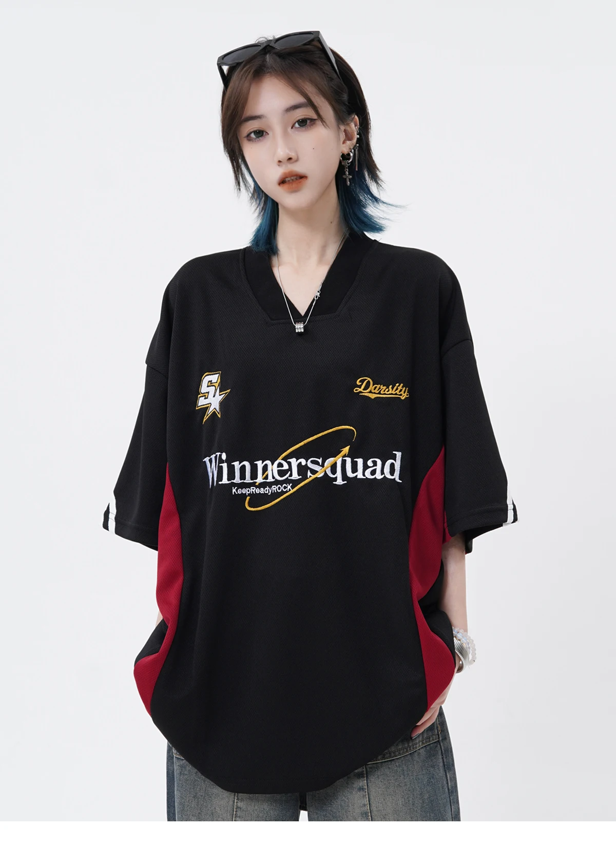 

High Quality American Retro Jersey V-neck Short Sleeved T-shirt for Men and Women Oversize Loose Hiphop Top Aesthetic Clothes