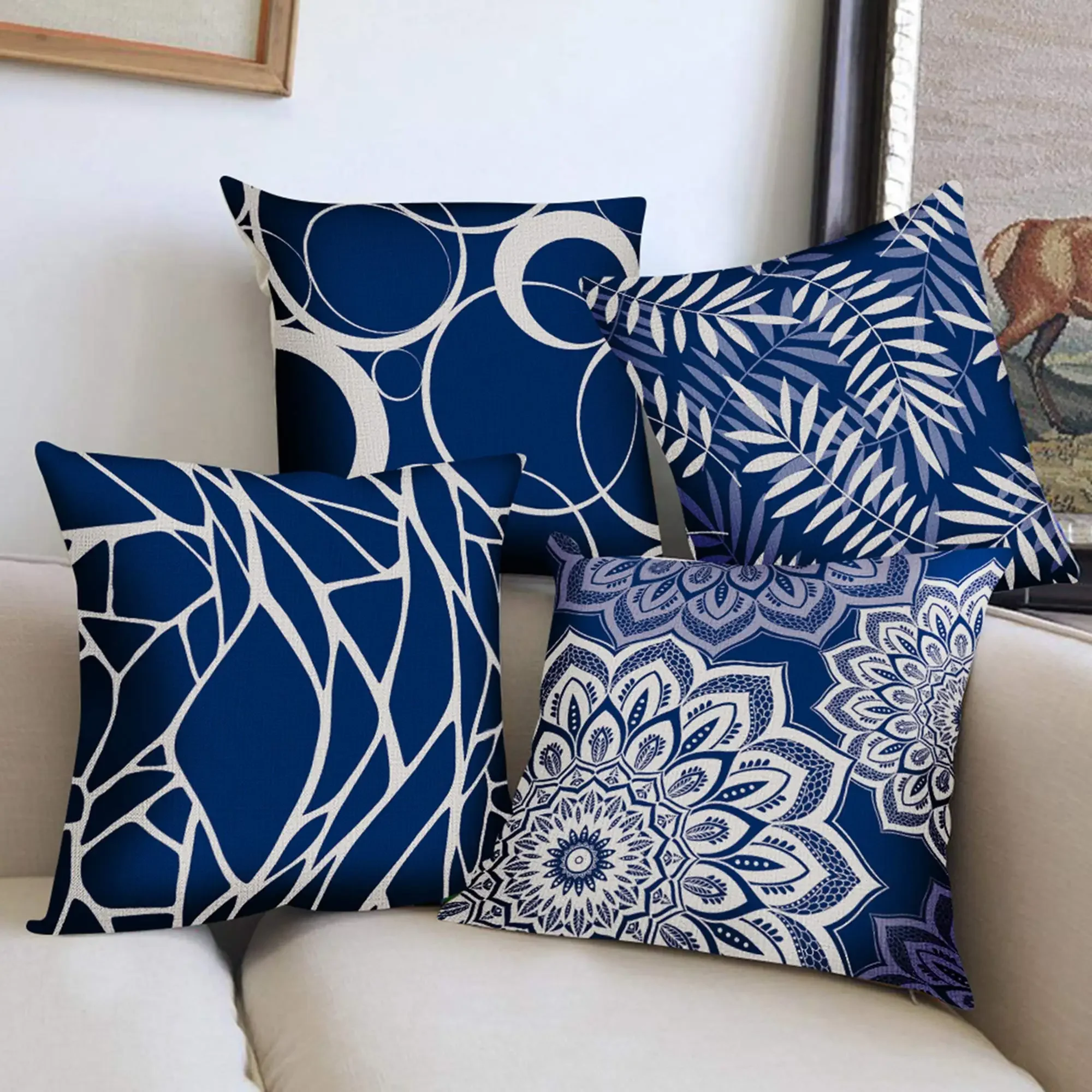 Funda de almohada de lino con pétalos geométricos de color azul oscuro, funda de cojín para sofá, decoración del hogar