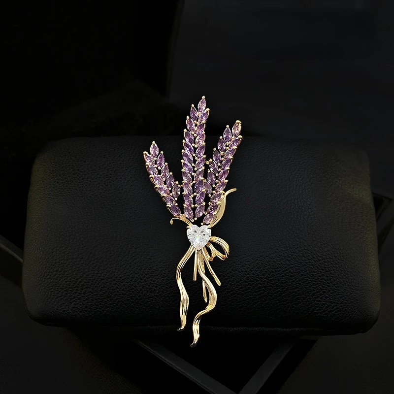 Purple Wheat Flower Brooch Women's Suit Neckline Corsage Clothes Accessories Coat Pins Decorations Rhinestone Jewelry Gifts 5171