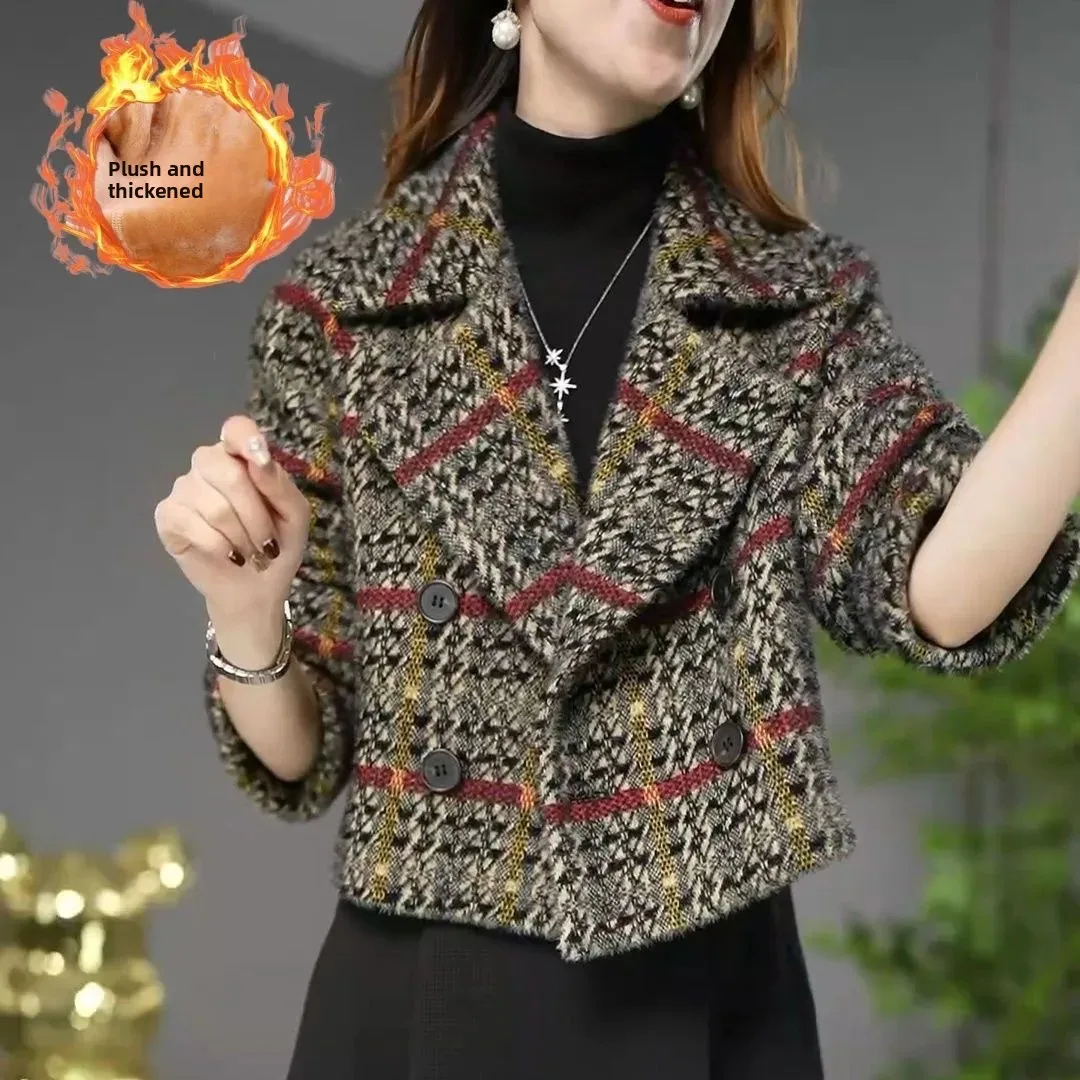 Dámský teplý, stylový, podzimní a zimní, nový, módní, zeštíhlující, všestranný, kostkovaný krátký kabát v britském stylu - náhled 4