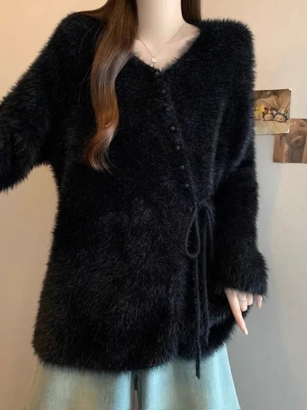 

Ele Bla Long Sve вязаный свитер женский больших размеров ленивый топ с застежкой на талии для осенне-зимней повседневной одежды