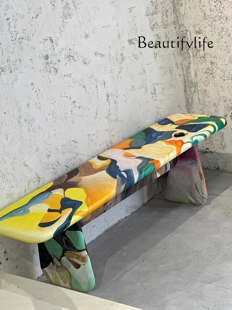 

Designer creative light luxury painted solid wood bench personality art oil painting casual shoe changing stool
