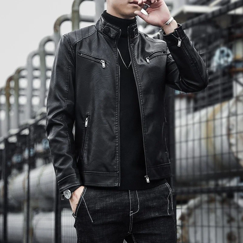 Personality Men's Solid Color Casual Trendy Simple Basic Loose Stand Collar Long Sleeve Faux Leather Coats Male Jackets Tops