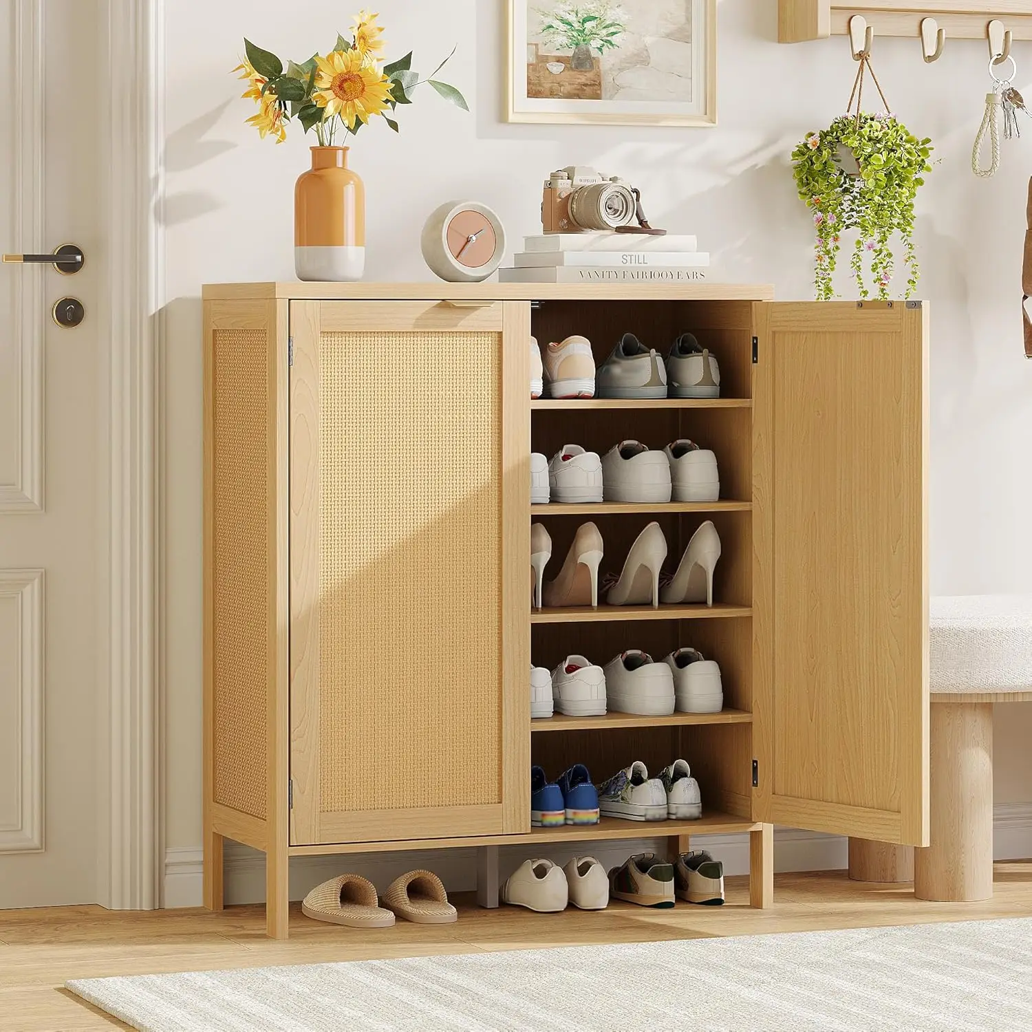 

Тумба для обуви из натурального ротанга с 2 дверцами и 5 полками, органайзер для обуви в стиле бохо, акцентный буфет, на заказ