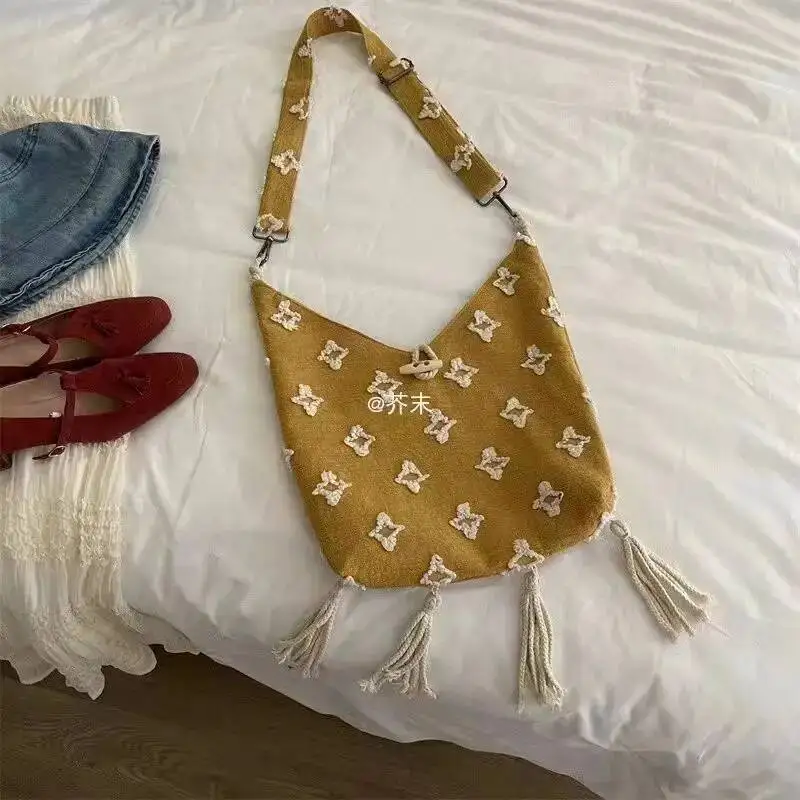 

Bloom Haruku Canvas Tassel Yellow Handbag Women Retro Star Large Capacity Tote Bag Ladies Artistic Casual Crossbody Bags New