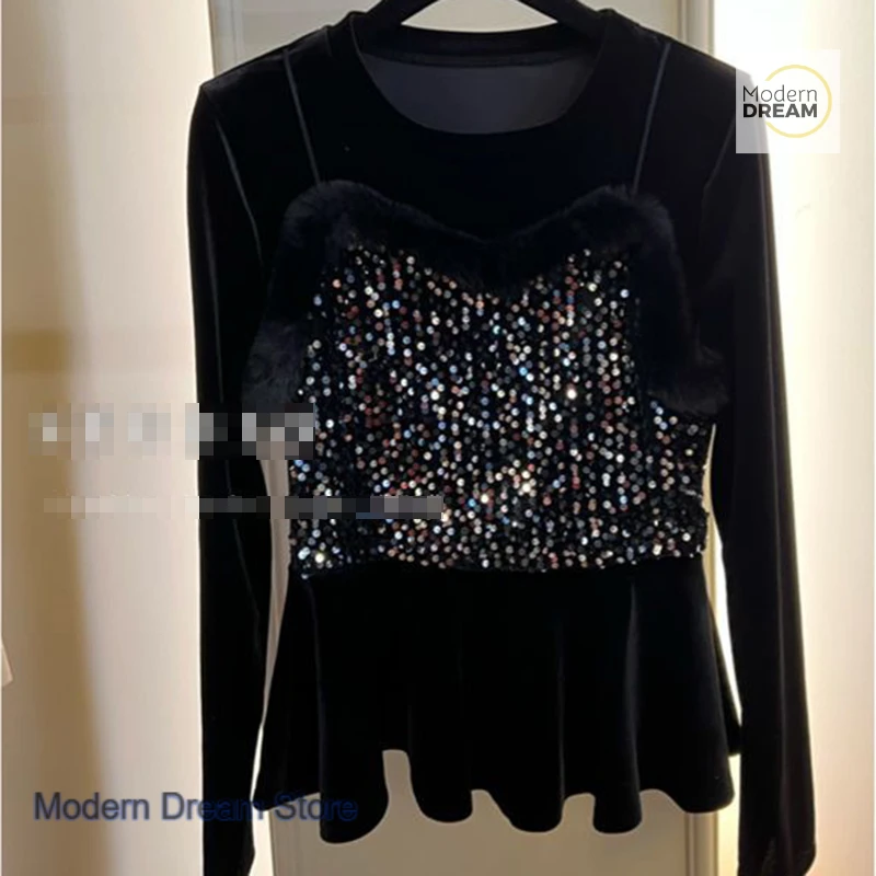 

American-style sparkling sequin stitching blouse women's spring and autumn new fashion temperament Joker casual shirt.