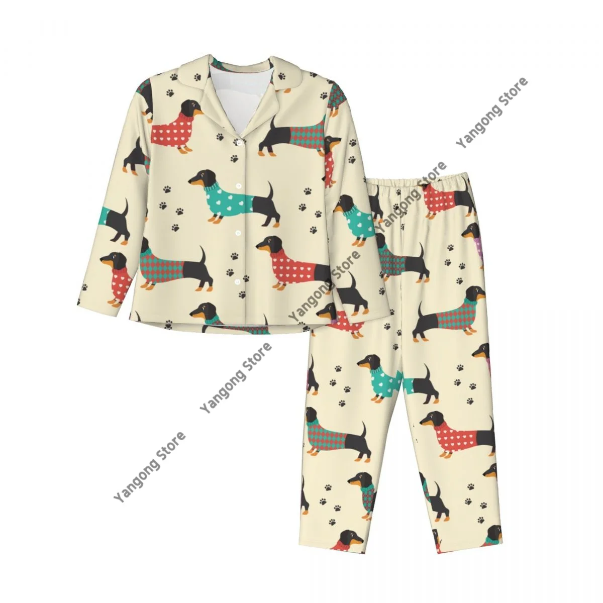 Women Sleepwear Loungewear Dachshunds In Clothes And Dog Prints Long Sleeve Lapel Neck Shirt and Elastic Waist Pants Pajamas Set