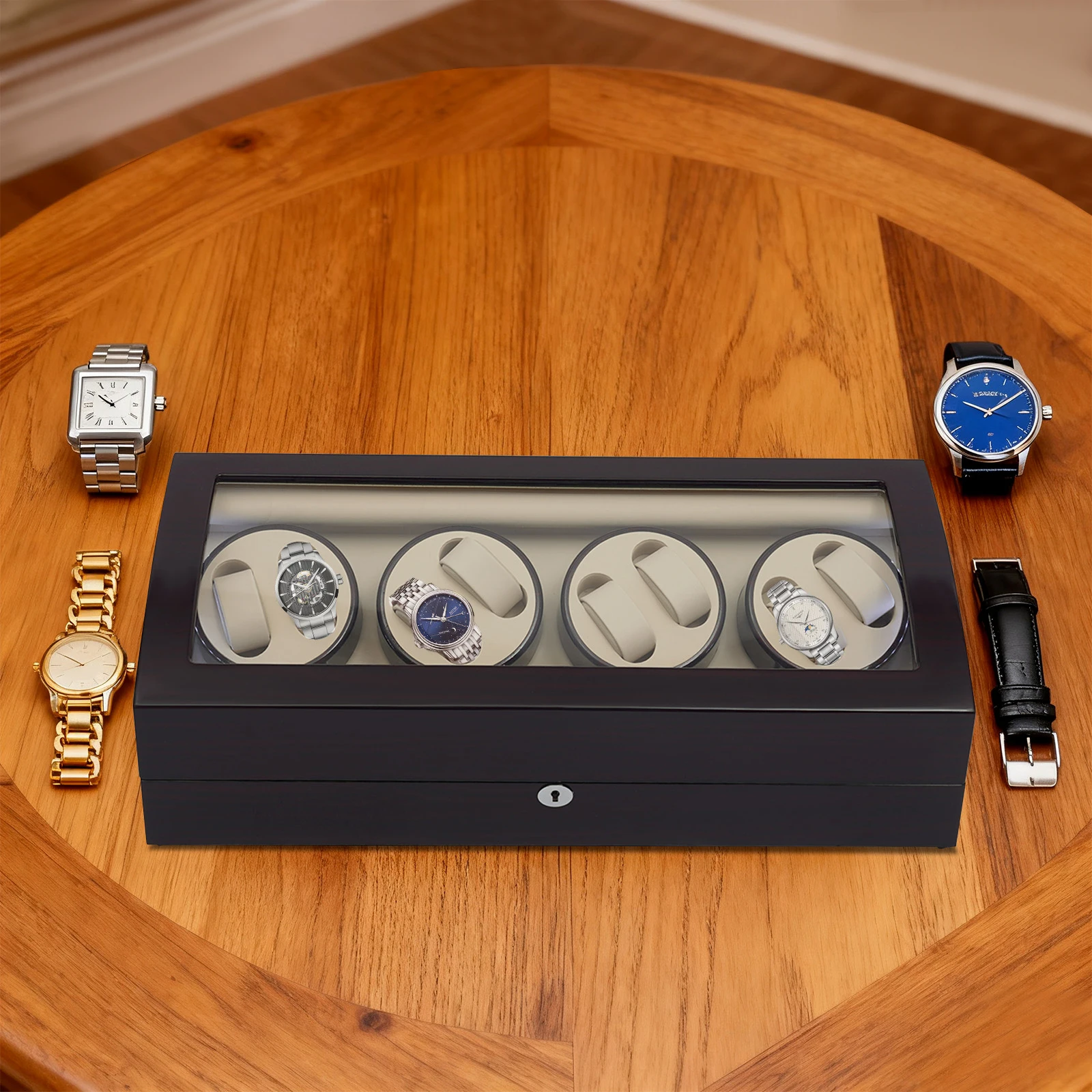 ملفاف ساعة 8+9 للساعات الأوتوماتيكية، علبة عرض ساعة محرك صامتة 10 ديسيبل مع غطاء مفتوح توقف 5 سرعات طلاء خبز من خشب الأبنوس #1