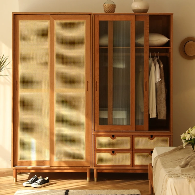 

Solid Wood Sliding Door Wardrobe Small Apartment Retro Rattan Bedroom Storage Cabinet