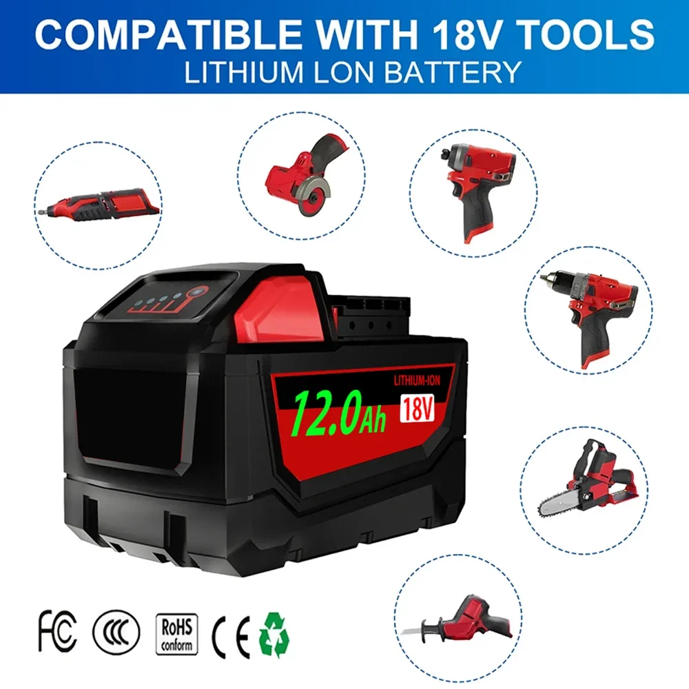 New 18V-21V suitable for Milwaukee M18 lithium battery 12.0Ah 9.0Ah extended capacity battery XC 48-11-1860 backup battery