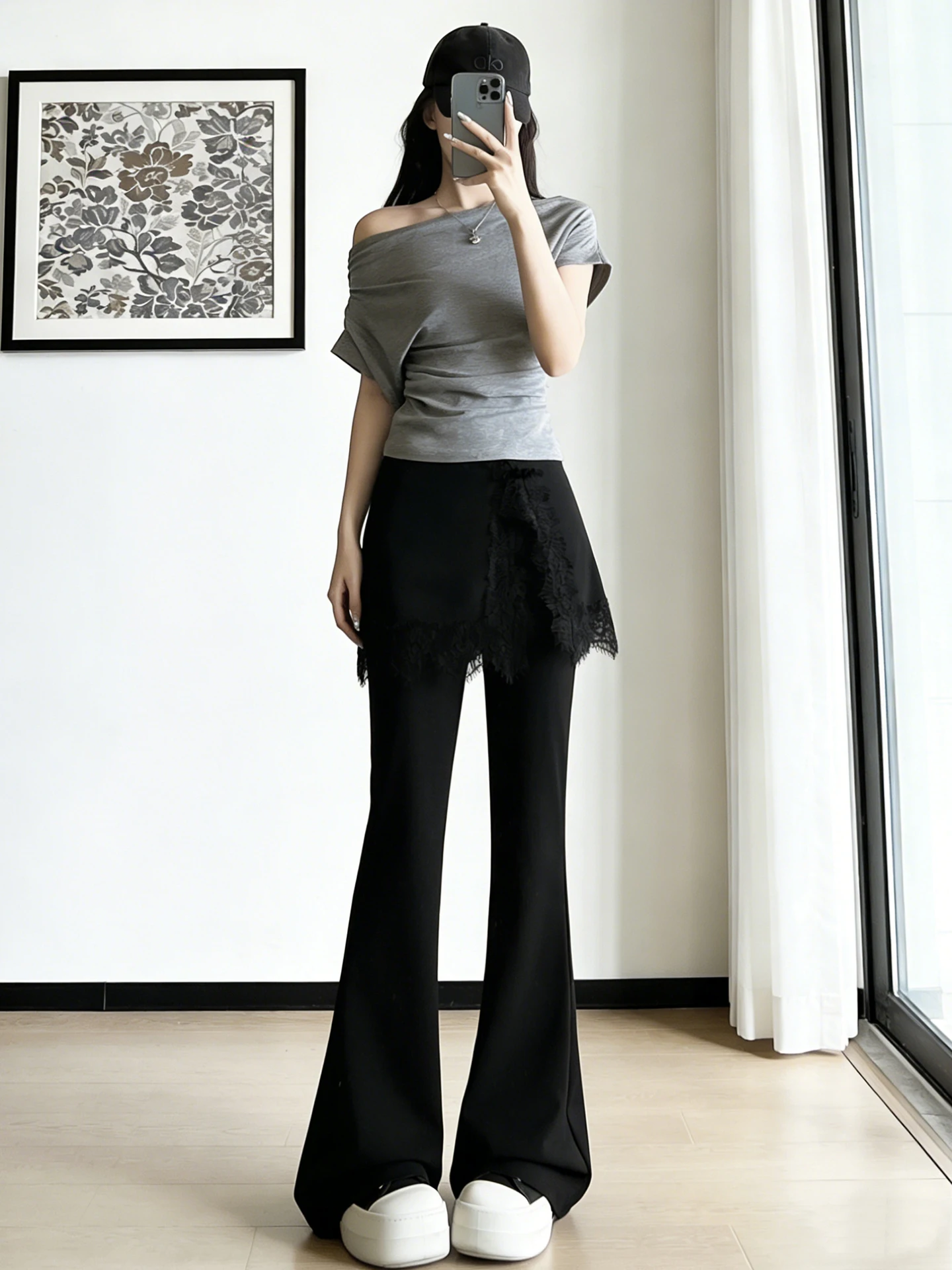 

Брюки-клеш с высокой талией и кружевными вставками для женщин, повседневные, со съемными расклешенными штанинами, эластичные, длинные, летний стиль