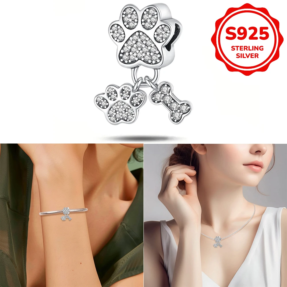 925 sterling silver pendant with silver cat paw print, compatible with original bracelet, men's and women's DIY jewelry gift