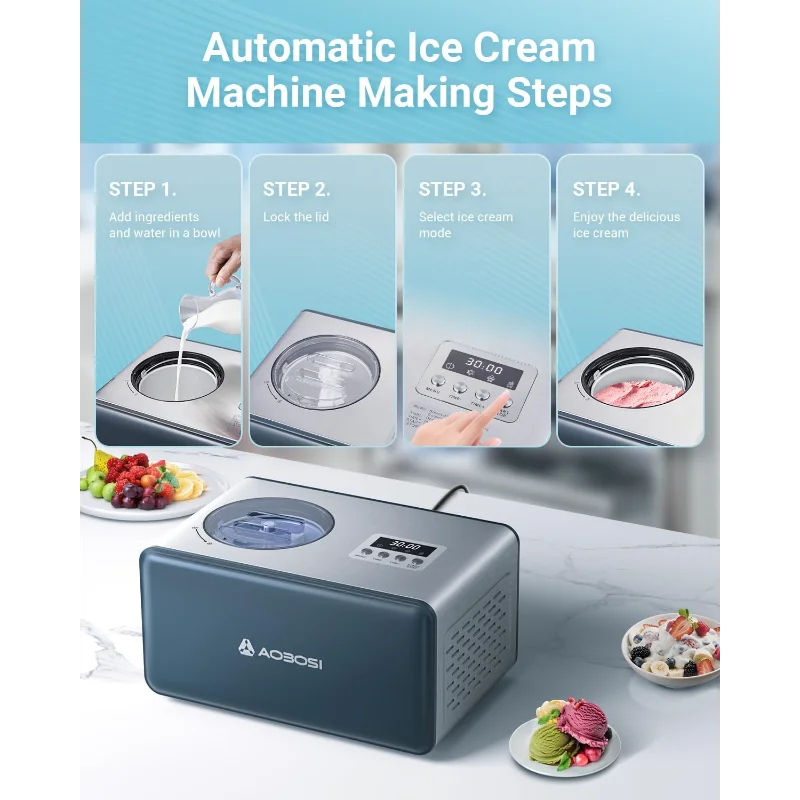 Máquina de sorvete elétrica AAOBOSI com compressor, máquina de fazer sorvete sem pré-congelamento, máquinas de sorvete para casa