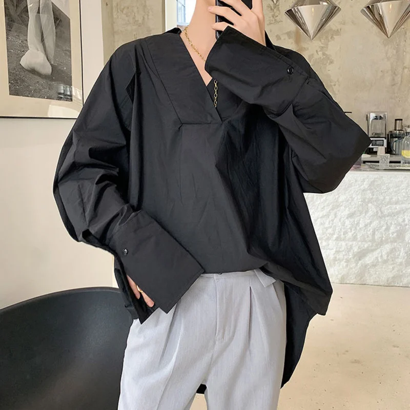 

Autumn 2022 Irregular Bag Cover Decorative Pullover Men's Loose Long Sleeve Shirt V Collar Oversized Black White Top 2Y2222