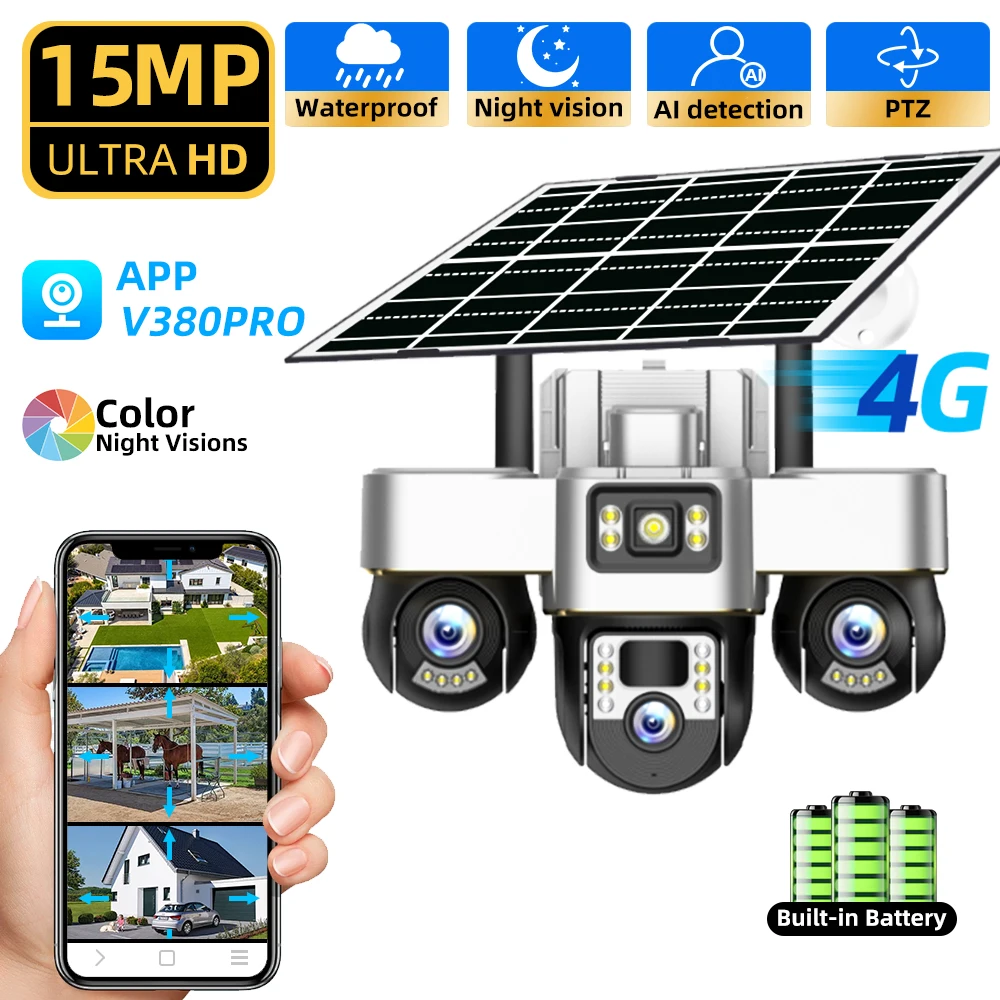 

Solar Power 4G Camera Triple Lens Three Screens Outdoor Waterproof Battery CCTV Security V380 Video Camaras