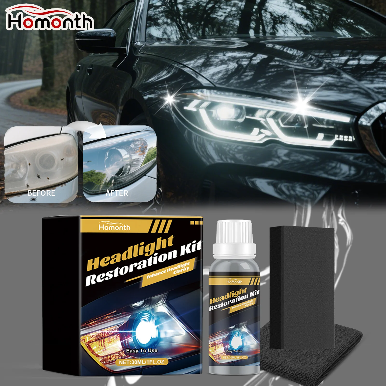 Professional Headlight Refinishing Kit 30ml Advanced Copolymer Formula Optical Clarity Enhancement Long Lasting Shine Autocare