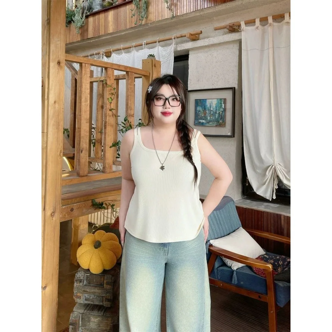 Women's Ribbed Tank Top, Square Neck with Double Straps, Sleeveless Casual Camisole In  White ﻿