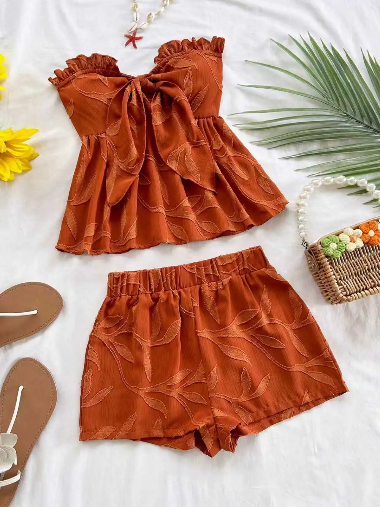 

Bohemian leaf jacquard texture two-piece set, women's tube top bow top + matching shorts, casual vacation beach wear