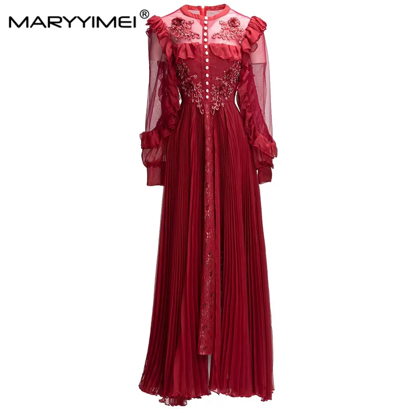 

MARYYIMEI Fashion Runway dress Summer Women Dress Stand collar Mesh Beaded Ruffle Applique Embroidery Lace Pleated Dresses