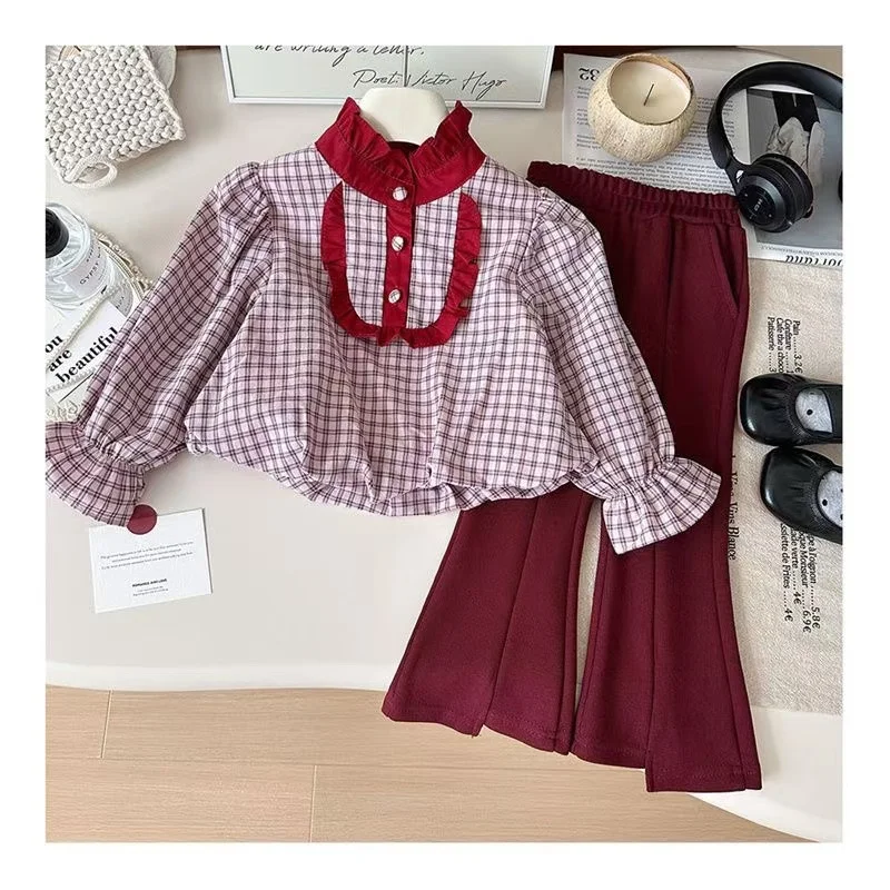 2025 Spring New Korean Version Of Girls Long-sleeved Top Retro Baby Girl Trousers Plaid Shirt Two-piece Set Kids Outfits