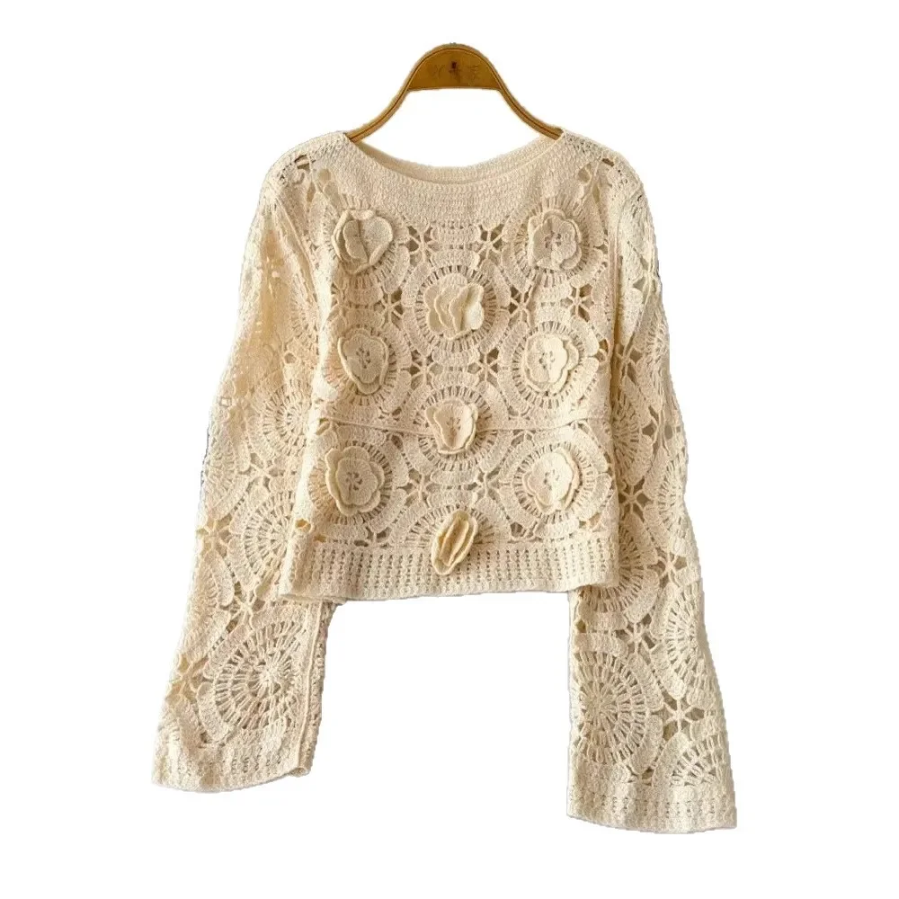 

Модный трикотажный топ с 3D-вырезами, длинными рукавами и круглым вырезом для женщин, универсальный дизайн для ранней осени, с цветочным узором, из смесового хлопка