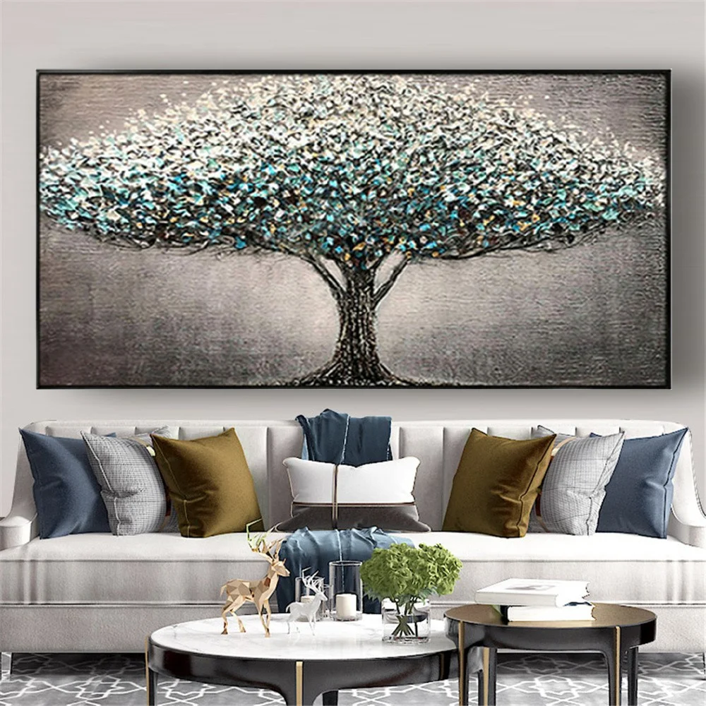Huge Green Blue Big Tree Image 100% Hand-Painted Modern Palette Knife Oil Painting On Canvas Poster Wall Art Decor Picture Gift