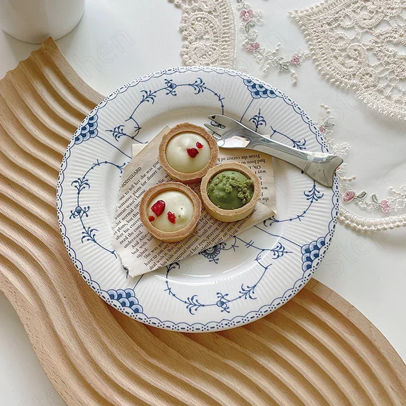 Blue and White Porcelain Plate French Modern Underglaze Cake Dessert Dish Floral Decorative Afternoon Tea Snacks Fruit Tableware