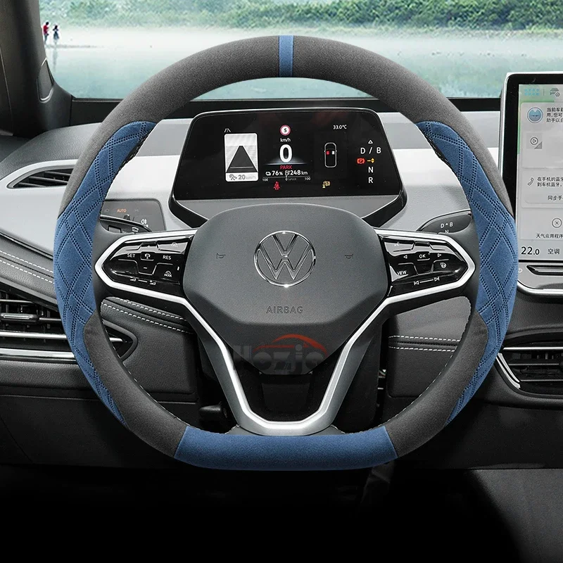 Suede Car Steering Wheel Cover for Volkswagen T-ROC R Taigo Touareg R Atlas R Tais T-Cross 2018 -2025 Auto Accessories