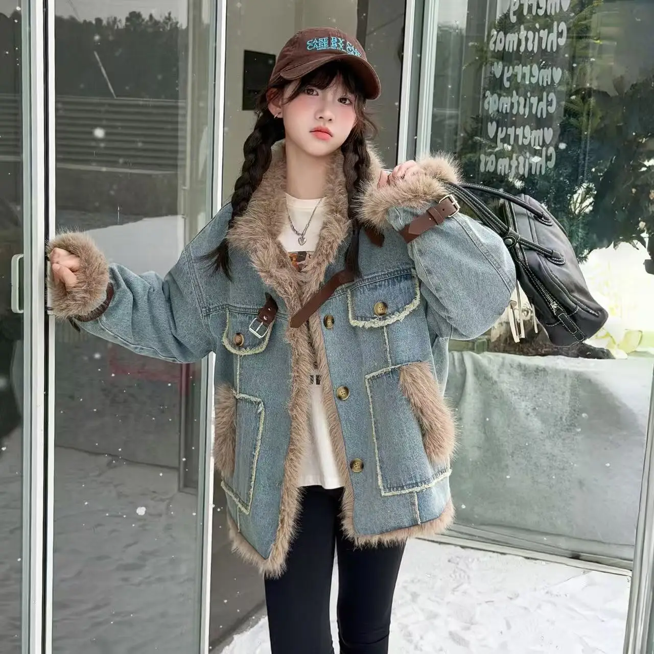 Girls Denim Jacket Autumn Winter 2026 New Fleece Lined Quilted Cotton Coat With Fur Collar Fluffy Spliced Outerwear For Big Kids