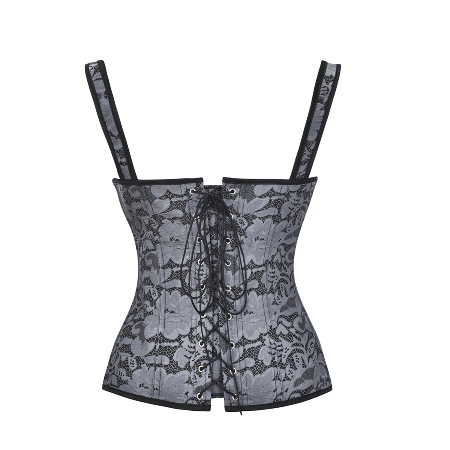 Sexy Floral Jacquard Plastic Boned Wide Straps Lace Up Bustier Vest Corset Outerwear Corsets