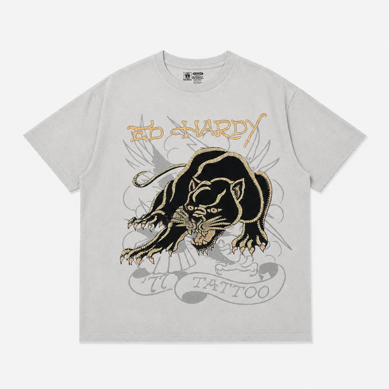 Ed Hardy Black Panther Gold Outline Tattoo Print T Shirt Unisex Loose Oversized Harajuku Streetwear Cotton Summer Graphic Tee view 3