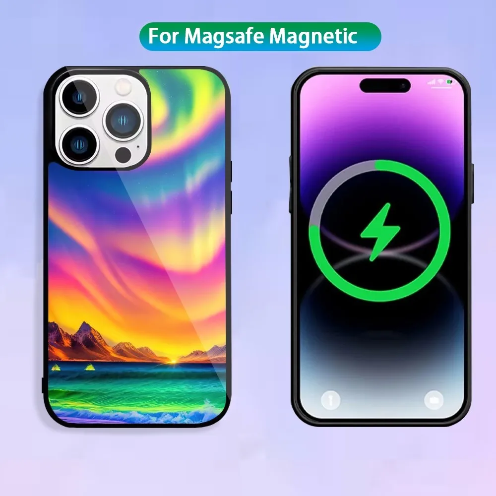 Beautiful Northern Lights Phone Case For Magnetic Inductive Charging iPhone 15 14 13 11 12 Max Plus Pro Mini Shell