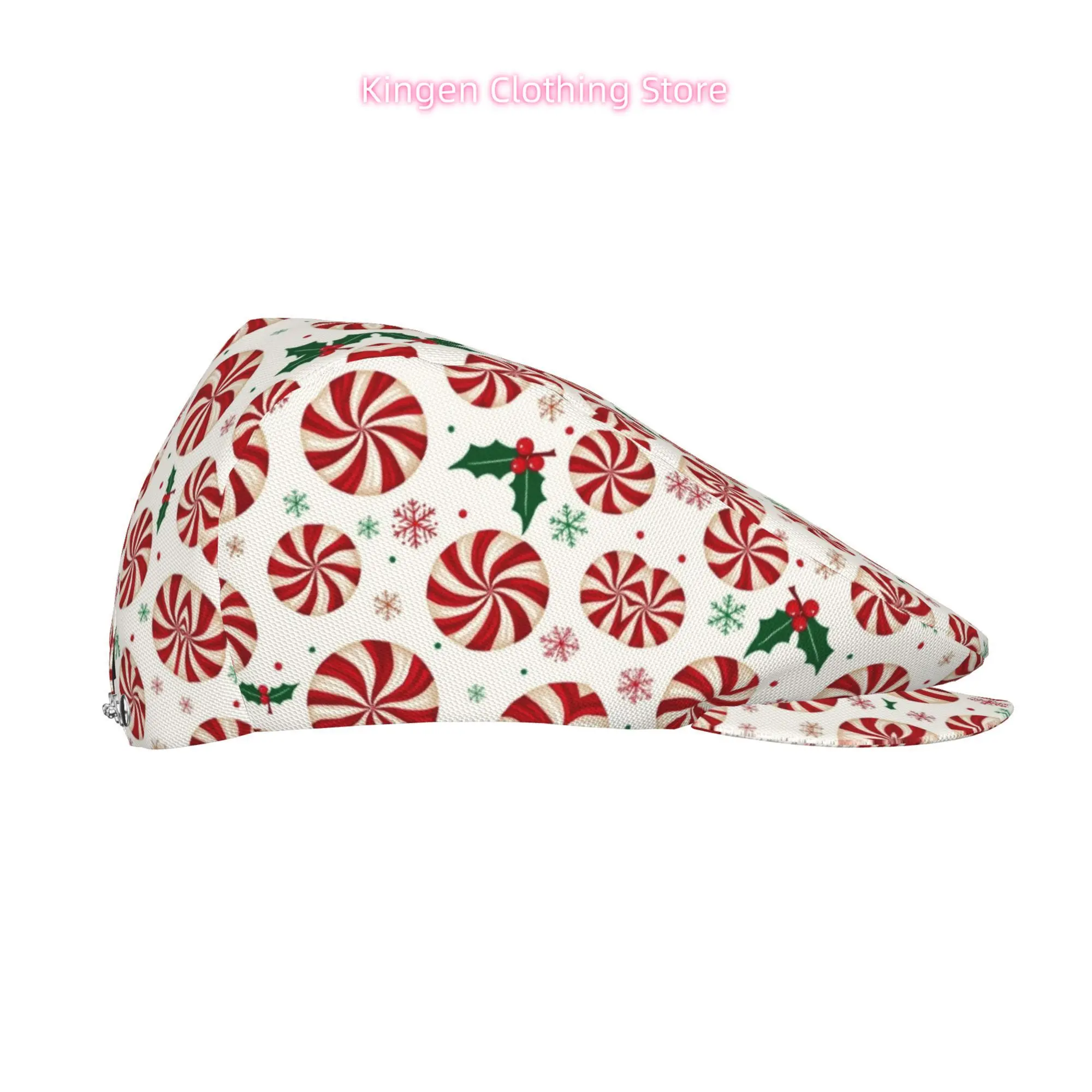 2D Flat - Men'S Beret Hat Featuring a Candy Cane And Snowflake Design, Made of Polyester. Adjustable Newsboy Style, Suitable for