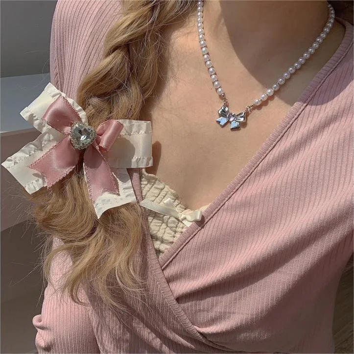 1pc Handmade Ribbon Balletcore Bows Hair Clips Pink Zircon Bowknot Hairpin Cute Headdress Girls Lolita Cosplay Hair Accessories